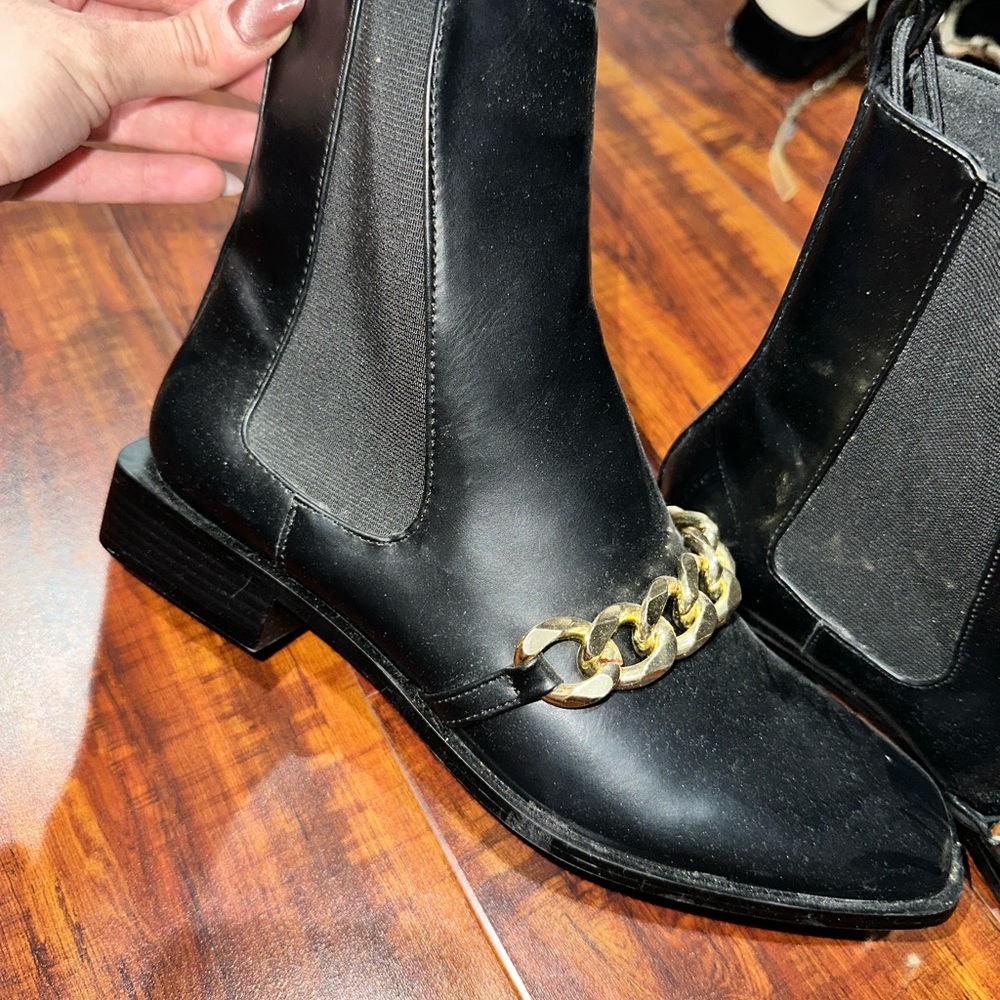 Zara Black and Gold Ankle Boots with Chain Detail